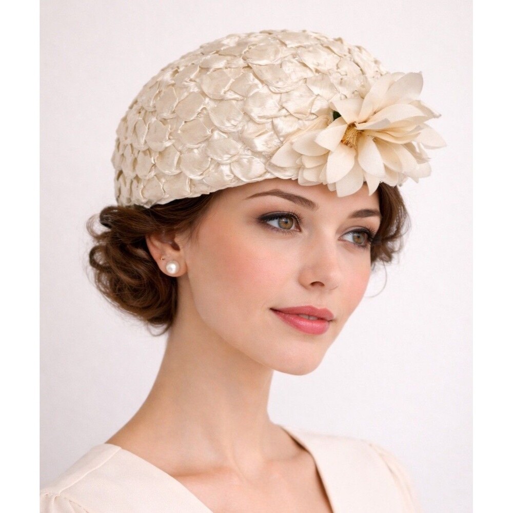 Vintage Ivory Satin Cocktail Hat‎ Luci Puci Floral Church Derby 1950s
